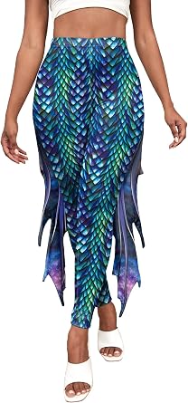 Mermaid Leggings for Women Fish Scale Leggings High Waisted Full Length Pants for Halloween Dance Party