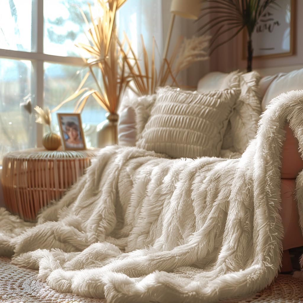 Hyde Lane Fluffy Cute Throw Blankets for Couch Sofa, 2 Way Reversible Ultra Soft Long Faux Fur, Shaggy Cozy Fuzzy Blanket Beige/Khaki, 60x80