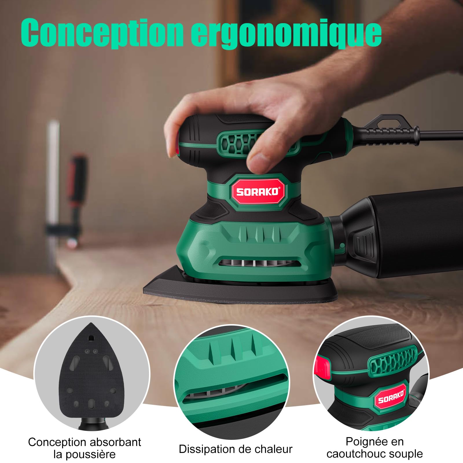 SORAKO Ponceuse Electrique, 220W 14000 OPM Ponceuse Triangulaire Avec Sac à Poussière Et 16 Feuilles De Papier De Verre,IdéAl Pour Poncer Les Surfaces En Bois Et En Acier Dans Les Espaces Restreints