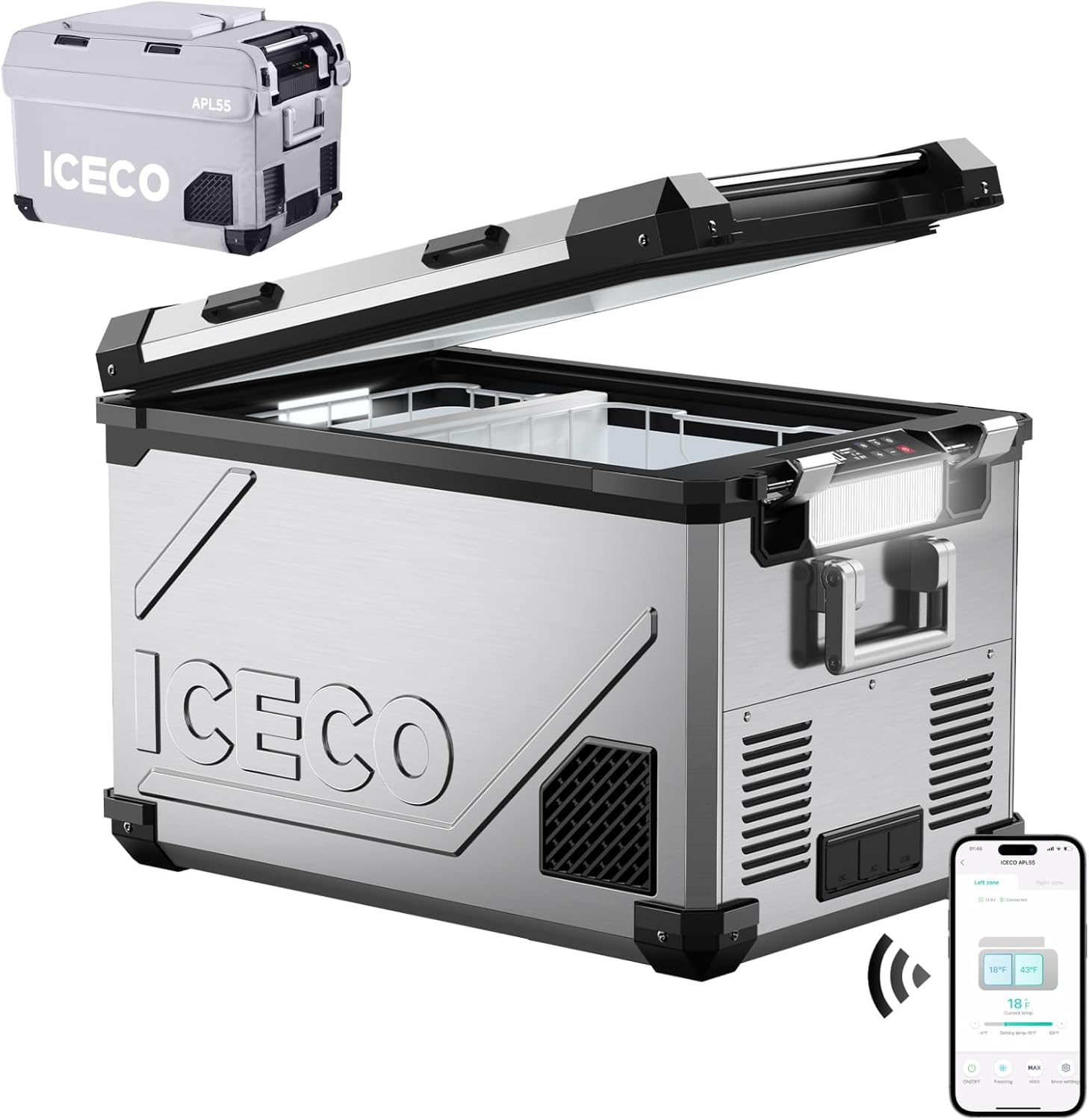 ICECO APL55 12 Volt Refrigerator with Bluetooth Controlled, Dual Zone Portable Fridge with SECOP Compressor, -4℉~68℉, DC/AC, for Truck, RV, Car & Home