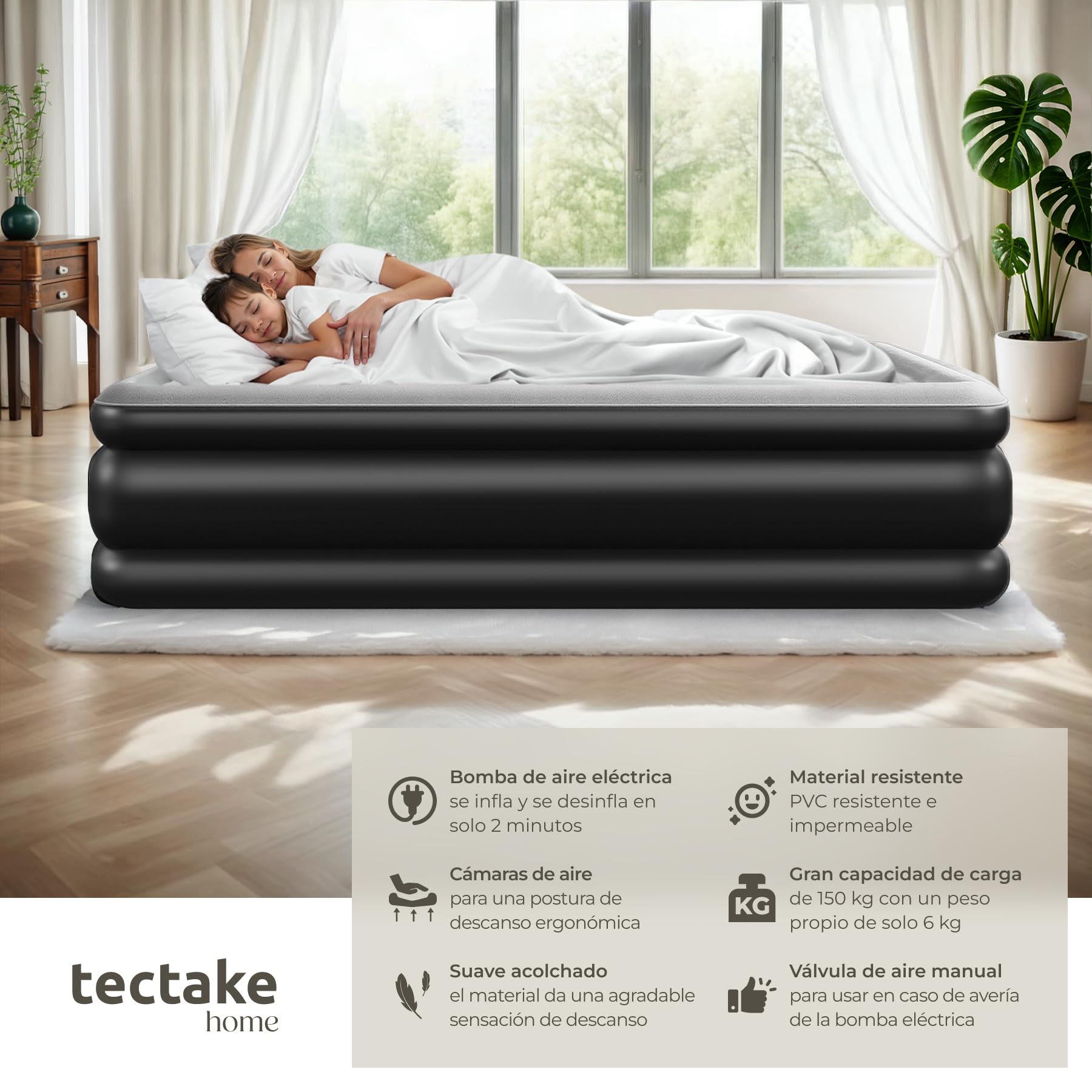 tectake® Colchón Hinchable con Bomba Eléctrica, Colchón Inflable Ergonómico, Cama Hinchable, Colchón Autoinflable, con Bolsa de Transporte, Ideal Camping o Cama para Invitados, 200 x 101 x 44 cm