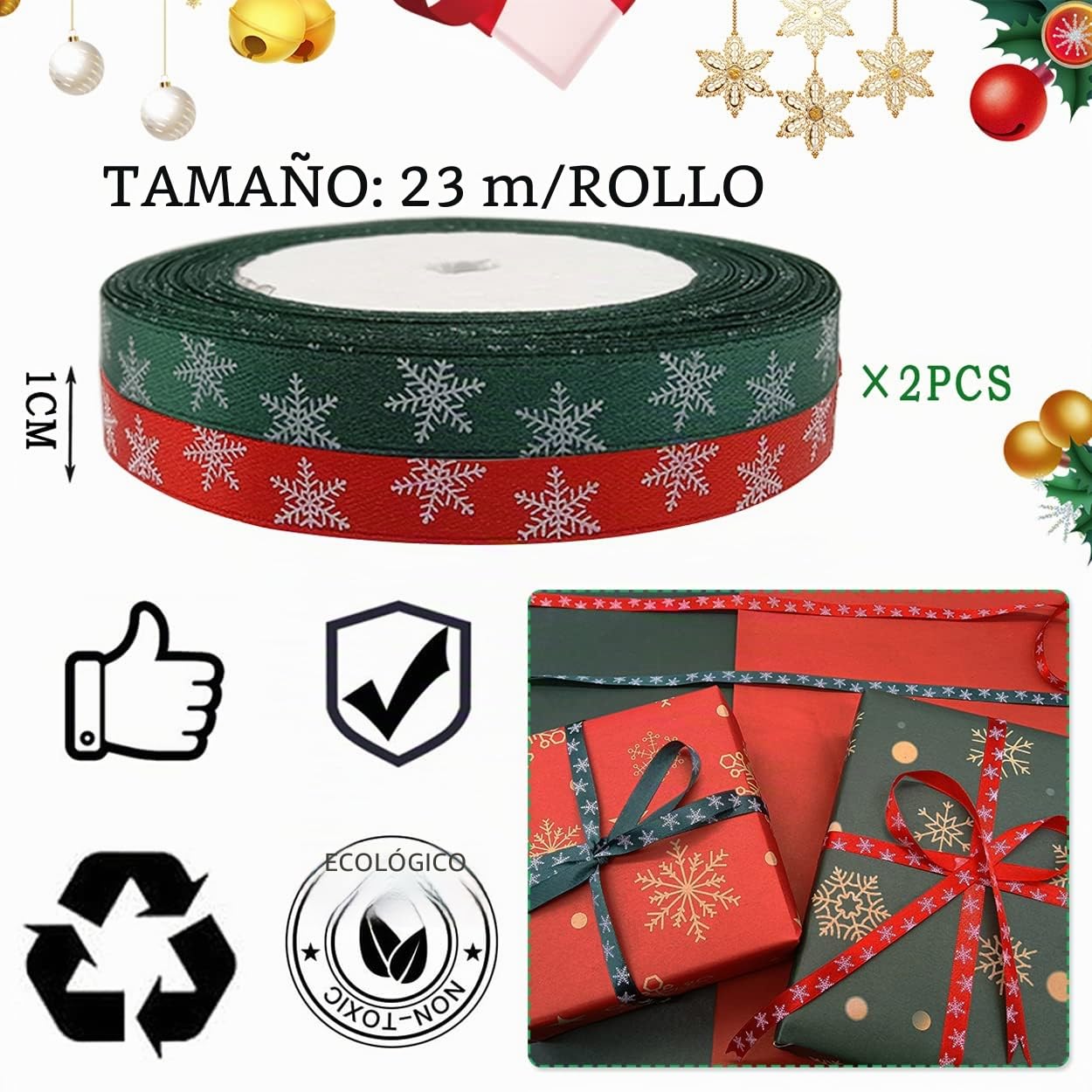 50 Yards Cintas Navideñas,Cinta Regalo Navidad,Cinta Raso Navidad,Cintas Lazos Navideñas para Regalos Decorativos,Flores o Artesanías