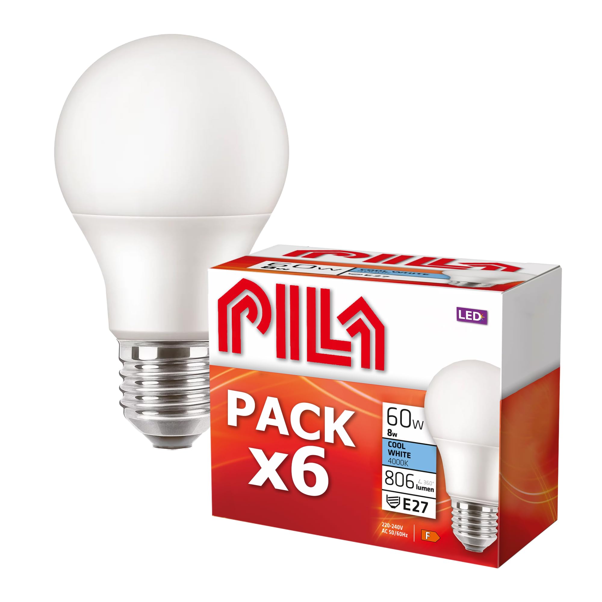 PILA 6er-Pack LED-Lampen, Fat-Sockel (E27), 8 W (= 60 W Glühlampe), 806 Lumen, nicht dimmbar, neutralweißes Licht (4000 K), CRI80, 15.000 Stunden Lebensdauer