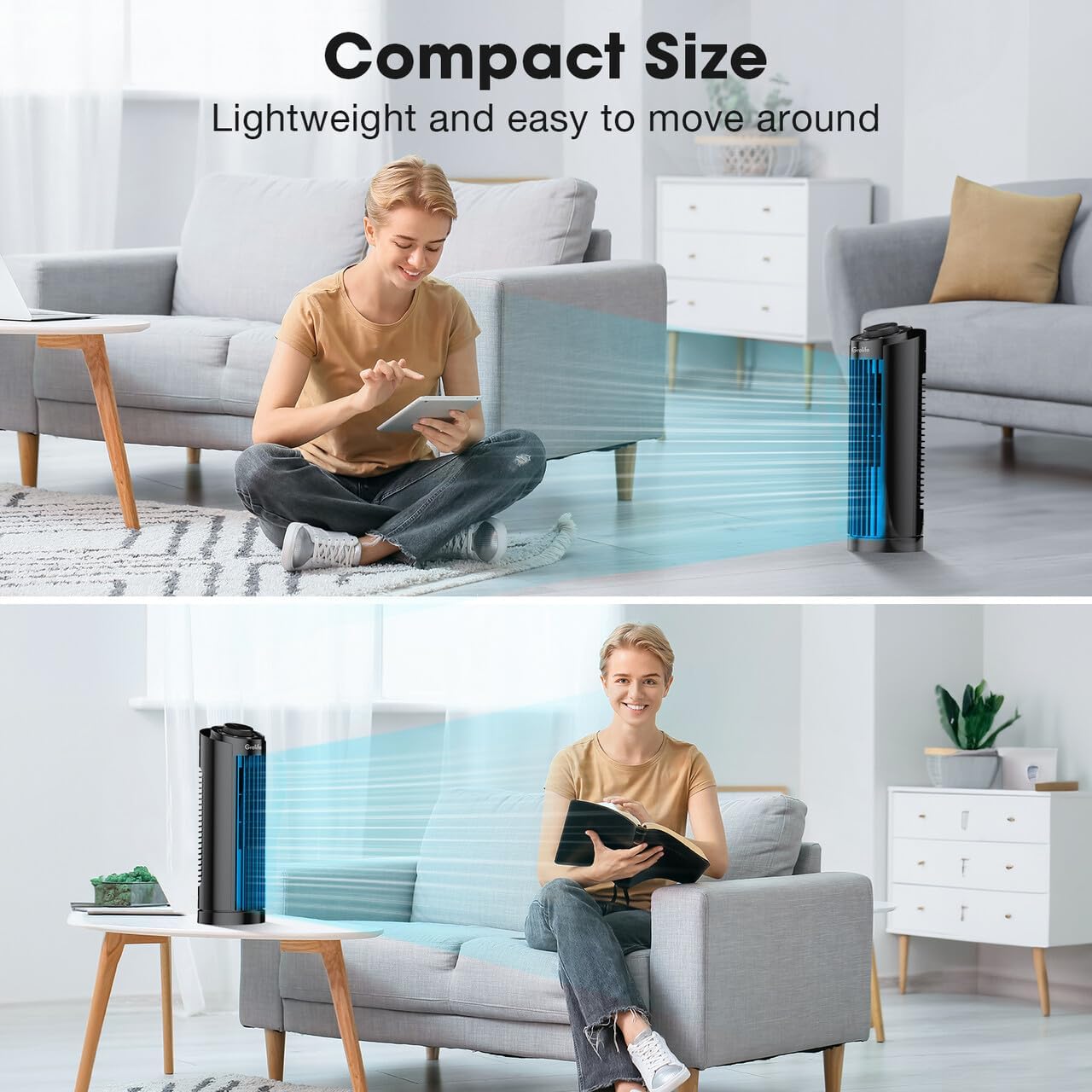 Grelife Tower Fan with Remote Control, Fast Cooling Desktop Fan, 90° Oscillation, 3 Speeds, 3 Wind Modes, Touch Screen, Auto Timer, Ideal for Home, Office Bedroom