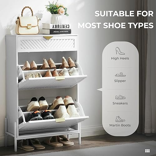 Vista 38 de HUSHEDIFY Armario de almacenamiento para zapatos con 2 cajones abatibles, organizador de zapatos estrecho oculto para entrada, zapatero delgado