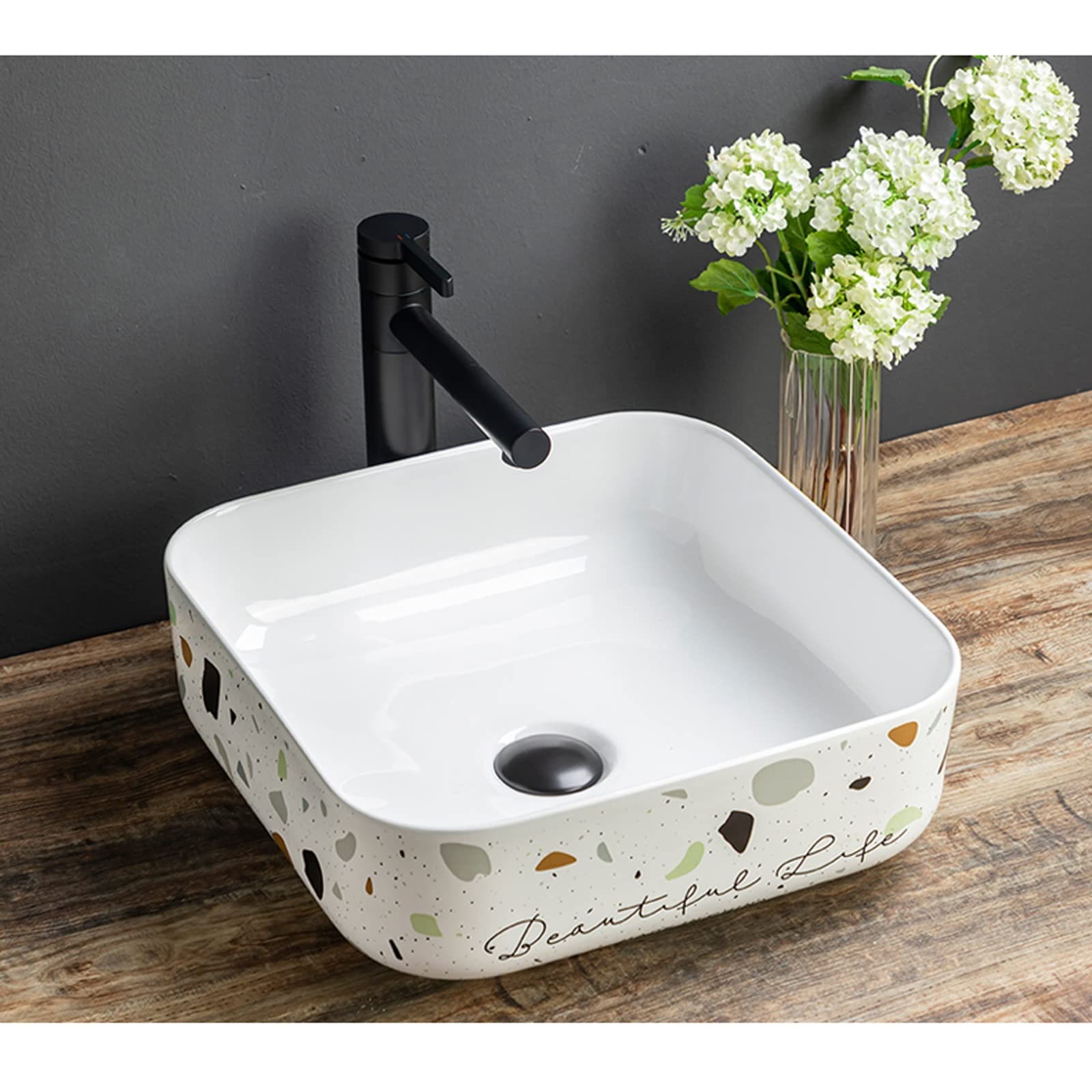 Umywalka łazienkowa Kwadratowy zlew 15,1 "X .1" Nowoczesna porcelana nad blatem Biała łazienka Ceramiczna umywalka z czarnym kranem i odpływem pop-up (bez przelewowego otworu) Blat
