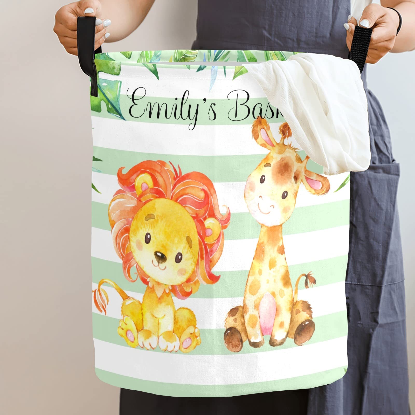 Lion and Deer Personalized Freestanding Laundry Hamper, Custom Waterproof Collapsible Drawstring Basket Storage Bins with Handle for Clothes