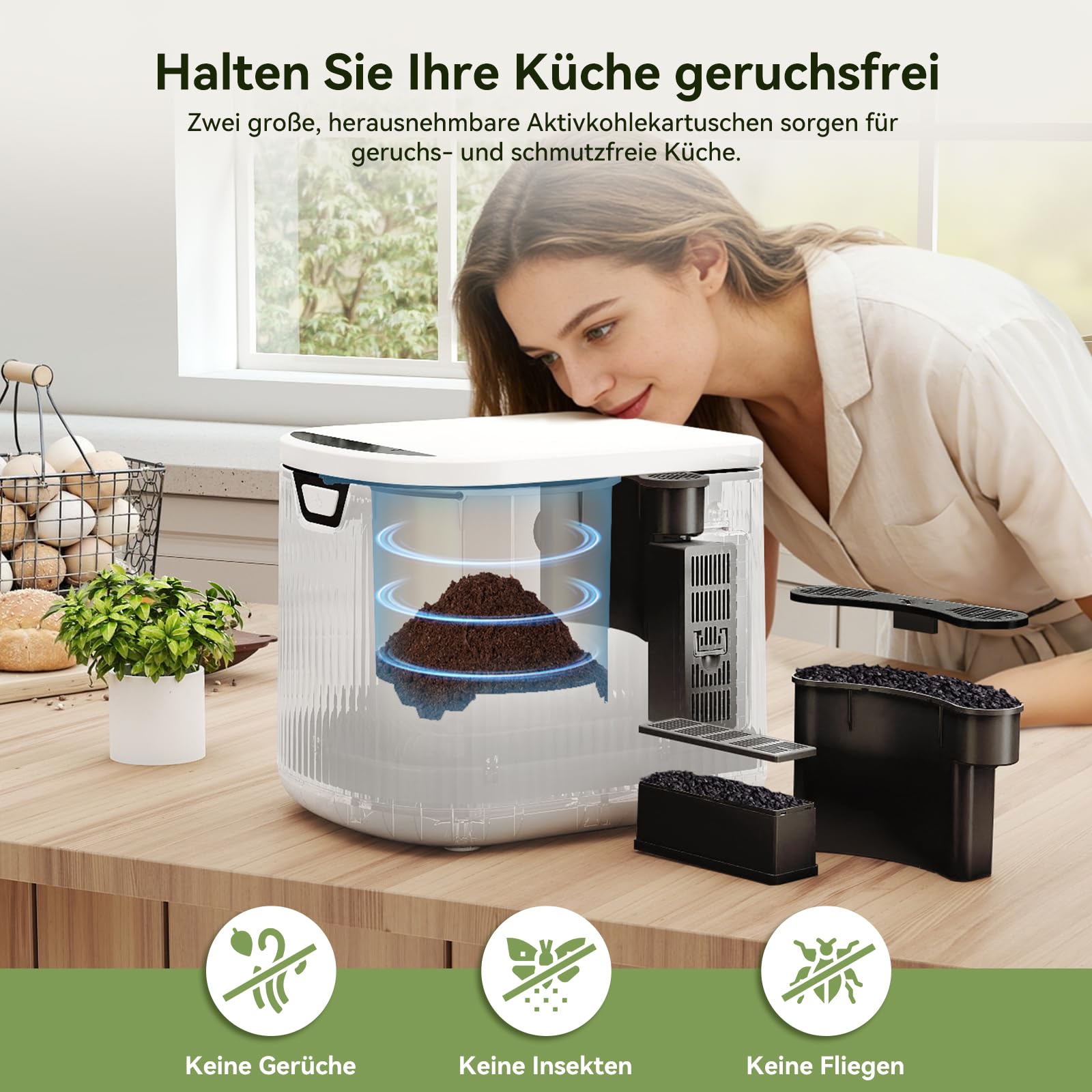 Fullwatt Elektrischer Komposter 3.3L Geruchsfreier Komposter Elektro-Schnellkomposter mit 2 Kohlenstofffilter Komposteimer & LED-Anzeige für Organisches Material & Lebensmittelreste Selbstreinigend