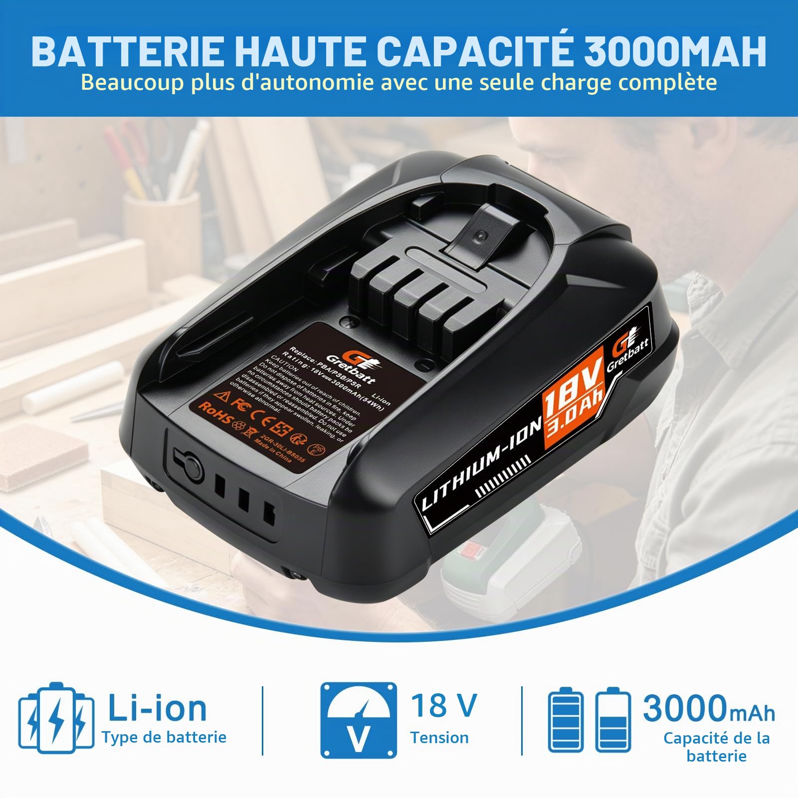2 Packs Batteries 3000mAh pour Bosch Outils sans Fil 18V