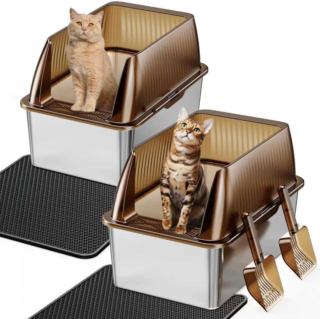 Tripamin 15” XL Stainless Steel Cat Litter Box Enclosure, XXL Stainless Steel High Sides with Lid, Extra Large Metal Cat Litter Box (Transluce, 2-pcs XX-Large)