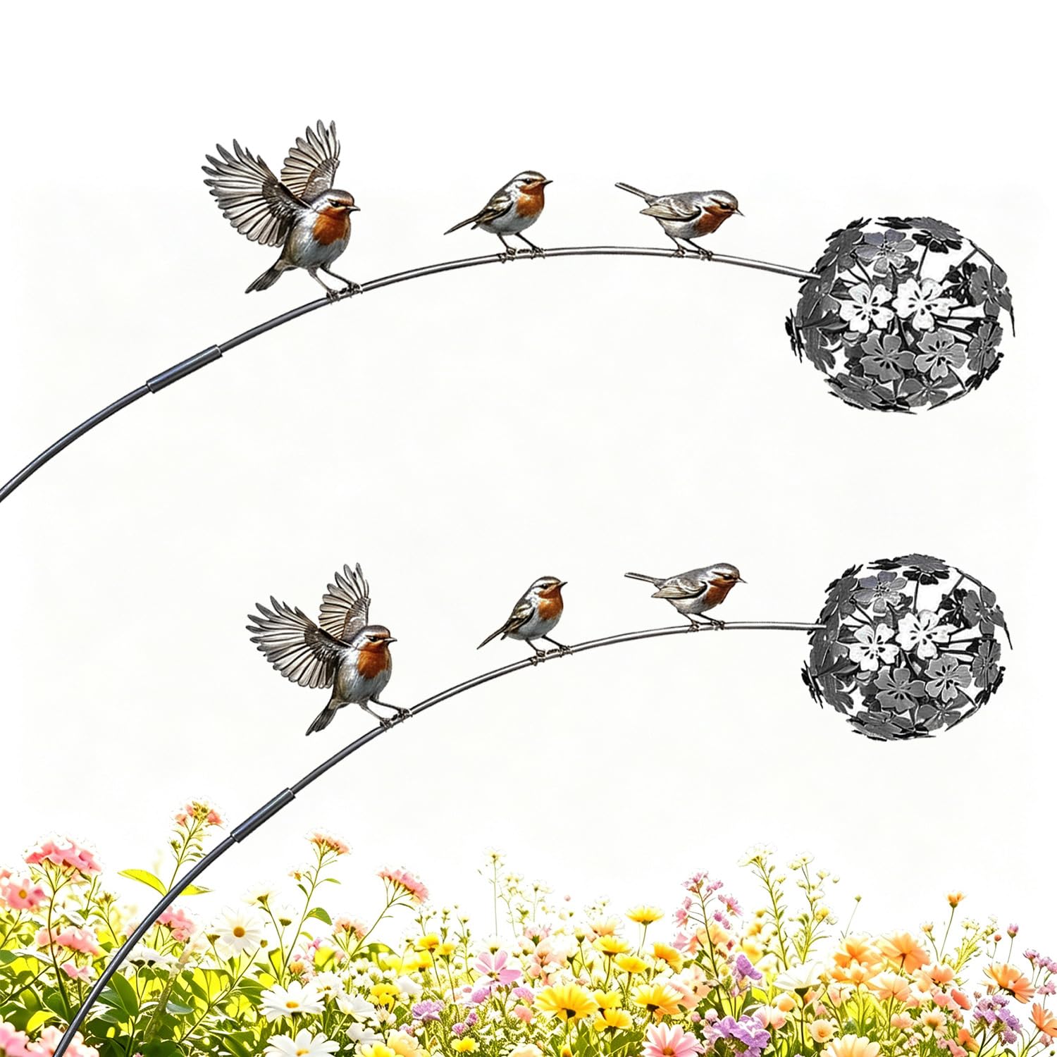 AUOQZ Metal Robin Garden Stake with 2D Birds and DIY Dandelion Rustic Yard Art Decoration Robin Bird Dandelion Stake for Lawn Flowerpot Pathway Robin Garden stake Memorial Gift for Home Decor Lovers