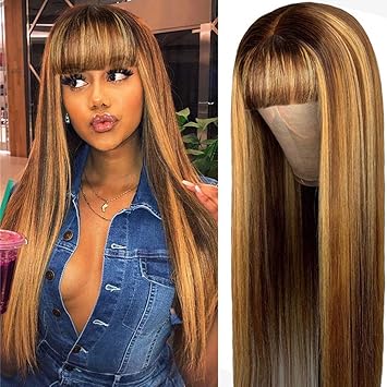 Simulation Scalp Wig Non Lace Front Synthetic Wigs with Bangs for Black Women Straight Highlight Brown Honey Blonde Color 180% Density Wigs Heat Resistant ??�GEGELOK HAIR 26in ??�
