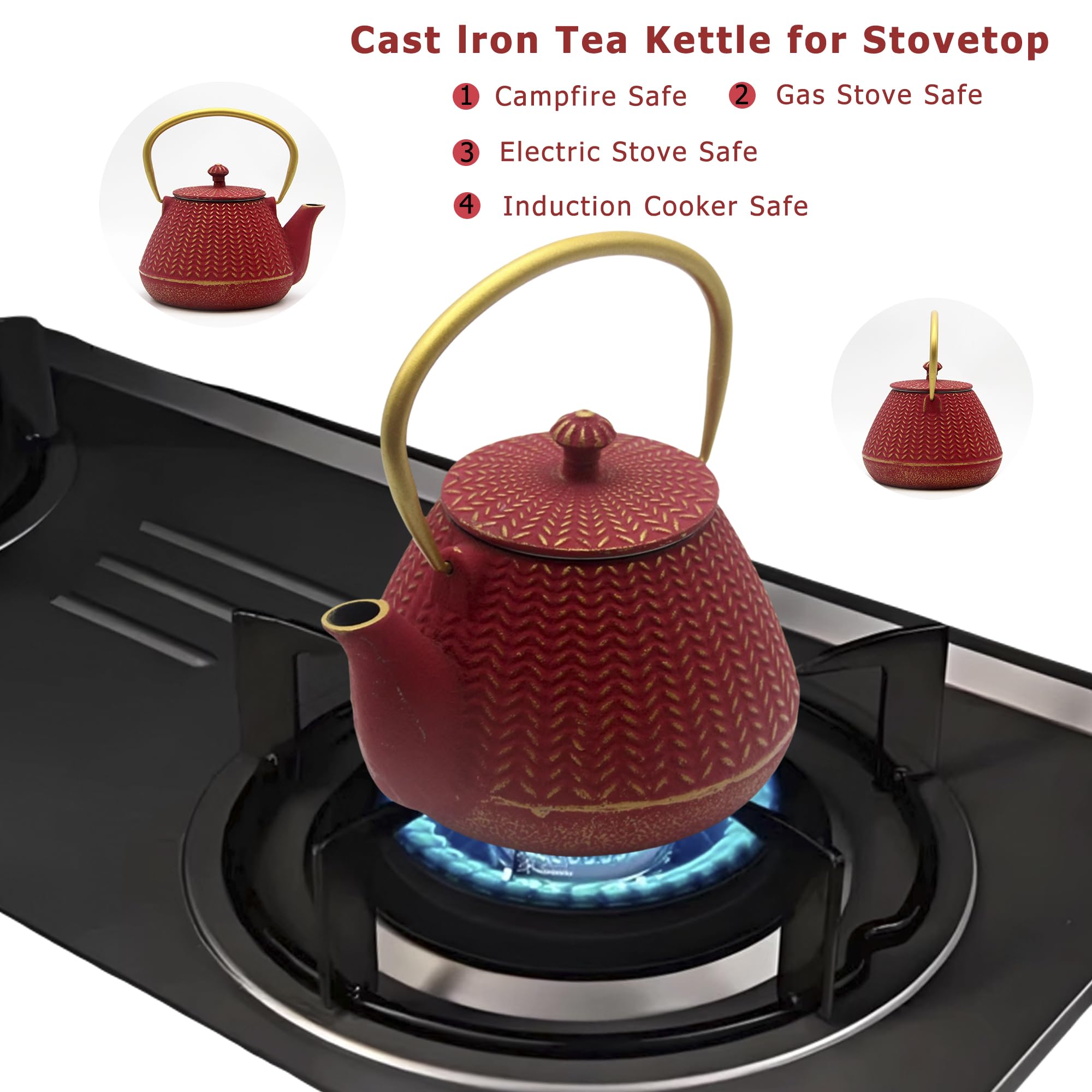 Tetera pequeña de hierro fundido para estufa, tetera roja recubierta con interior esmaltado, tetera duradera con infusor de acero inoxidable para hojas sueltas (1000 ml)