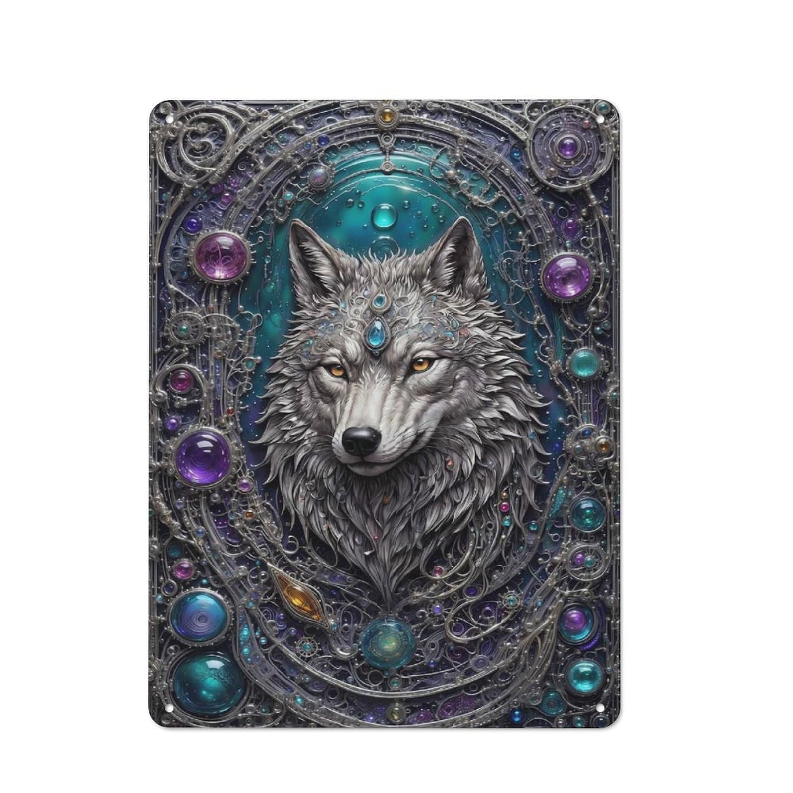 Garden Style Wolf Gem Portrait Tin Sign 40x30cm, Porch Wall Decor for Patio Bar, Workshop, Shed Or Kitchen