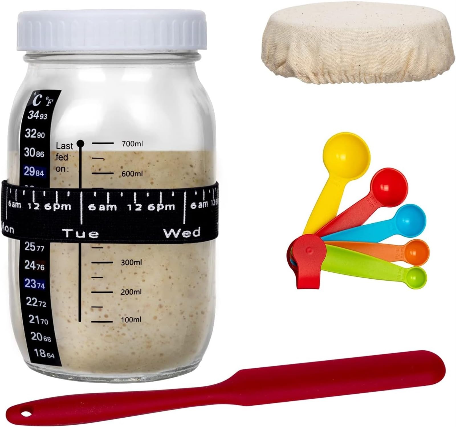 THE WHITE SHOP Sourdough Starter Jar, Sourdough Starter Kit with Date Marked Feeding Band, Scraper,Thermometer, Sourdough Fermentation Jar Bread Baking Supplies 1000ml