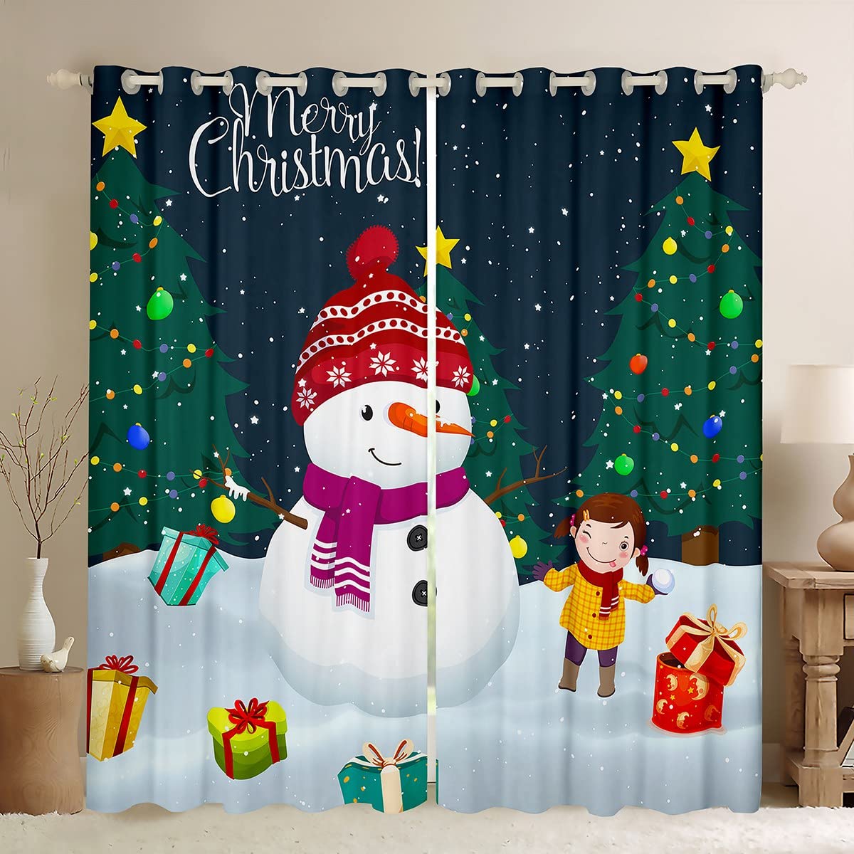Manfei Netter Schneemann Fenstervorhang,Schneeflocke