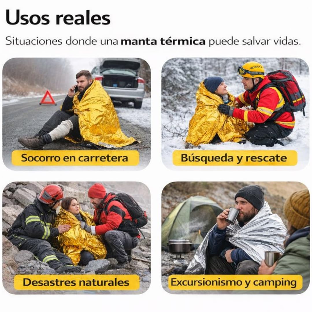 Manta Térmica de Emergencia Pack 10 Unidades – Manta Supervivencia Aluminizada Doble Cara Dorado/Plateado 210 x 130 cm – Prevención de Hipotermia para Coche, Montaña, Camping y Primeros Auxilios