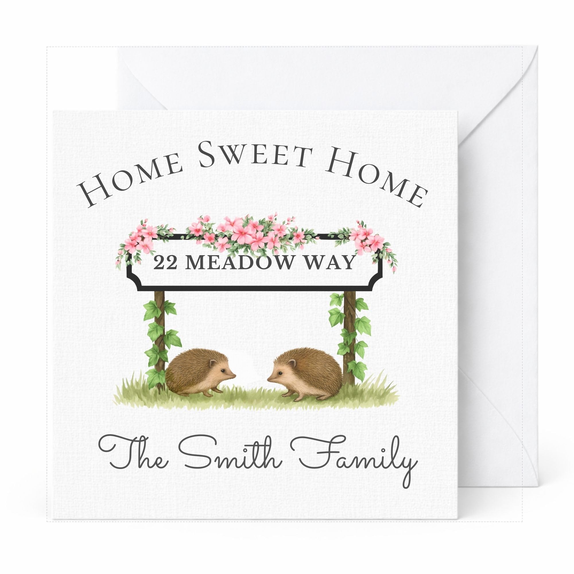 Personalised New Home Card, Home Sweet Home Hedgehog Housewarming Card with Custom Name and Address, Congratulations New House Card