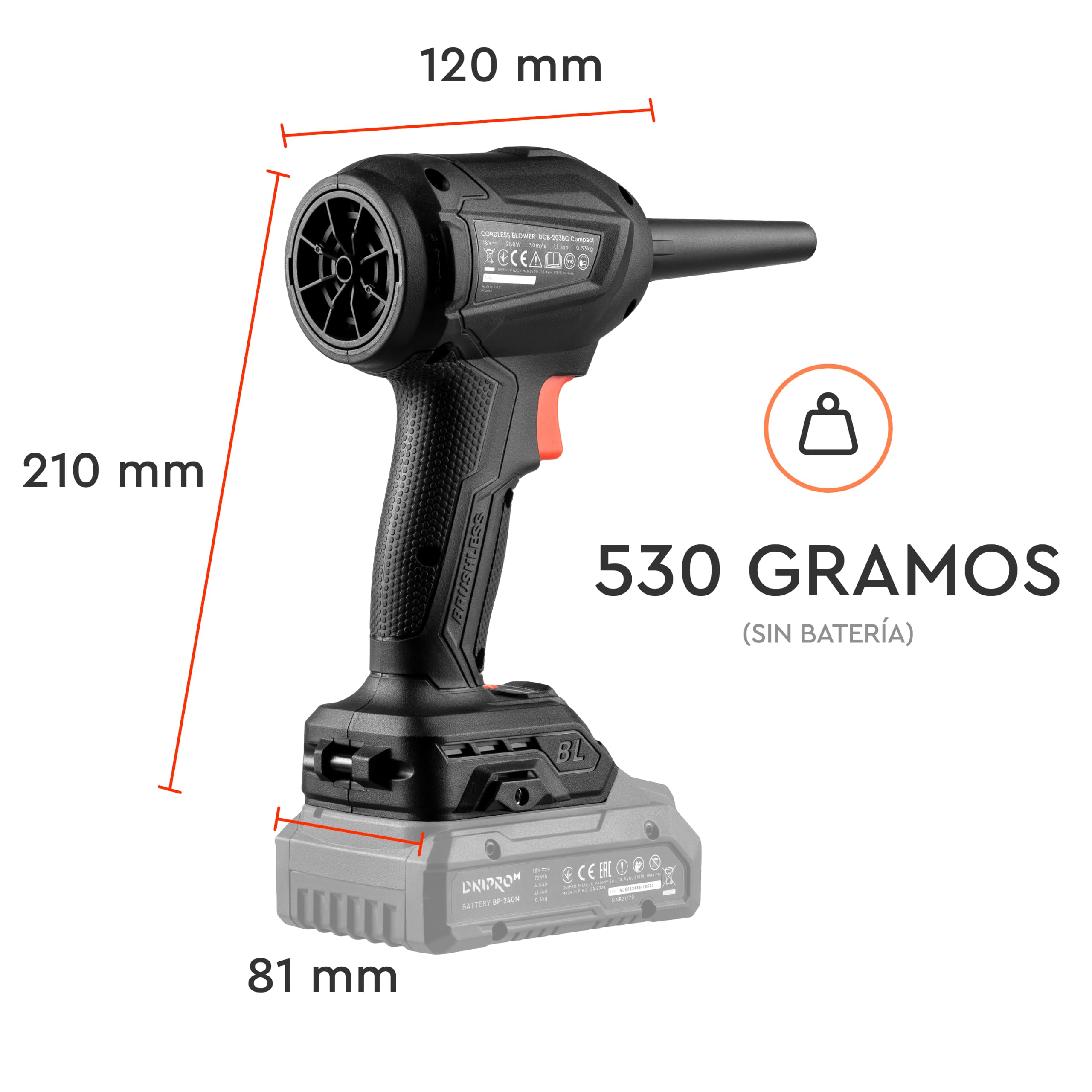 Soplador de Aire Potente Inalámbrico Brushless DCB-203BC Compact - Motor 280W, 30 m/s, 4 Velocidades - Limpieza PC, Taller, Barbacoa e Hinchables - 5 Accesorios Incluidos - Sin Batería - por Dnipro-M