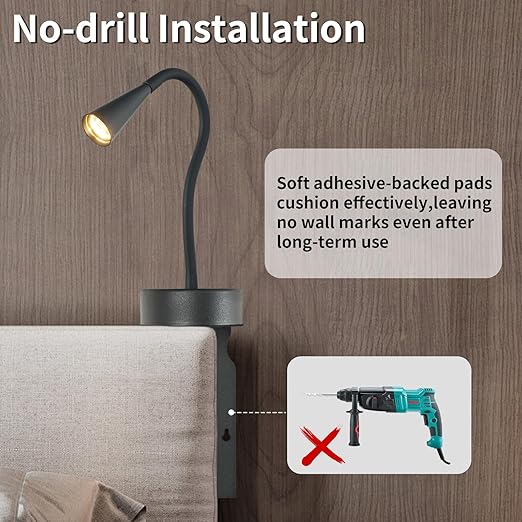 MOLUOLA LIGHTING Black Headboard Reading Light, No Drilling Wall Mounted Reading Lights for Bedside, Book Light for Bedtime Reading, Buttonless Dimmable Reading Lamp, Movable Gooseneck Reading Sconces for Bedroom photo 2