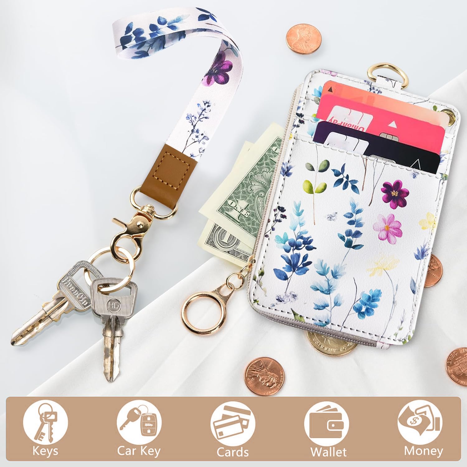 bolimoss 2-in-1 ID Badge Holder & Lanyard Wallet for Womens Cute Floral Zipper Wallet with Removable Wrist & Neck Lanyard - Image 2
