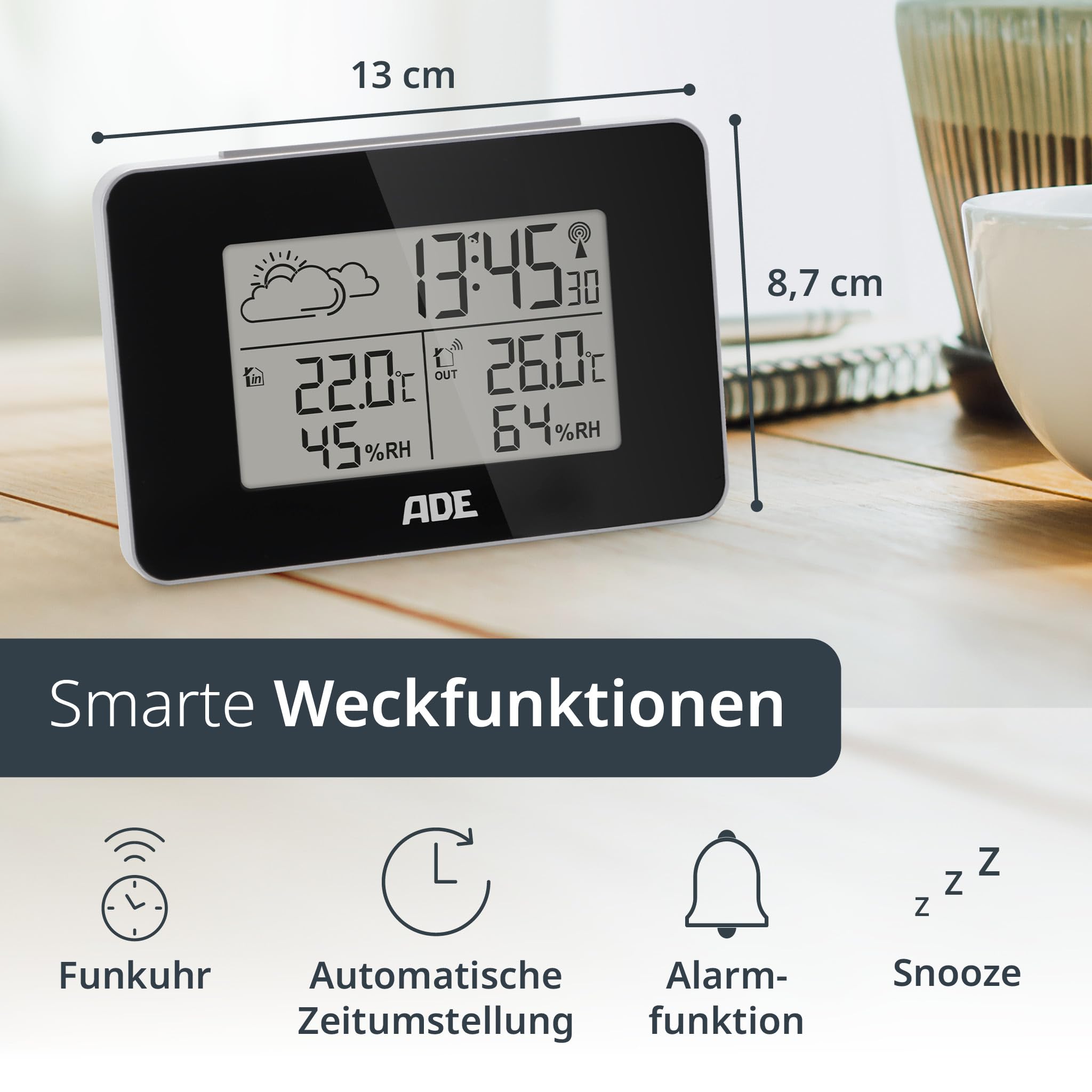 ADE Digitale Wetterstation Funk mit Außensensor | Innen und Außentemperatur | Luftfeuchtigkeitsmesser | animierte Wettervorhersage | Funkwecker mit Schlummerfunktion | schwarz
