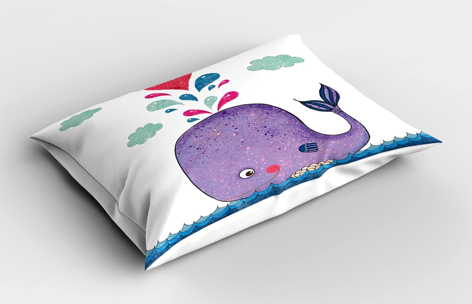 Ambesonne Whale Pillow Sham Set of 2, Smiling Mammal Motif Hearts and Clouds on Sea Print Design, Quality Microfiber Bedding Item for All Seasons, 26" x 20", Purple Blue and Red
