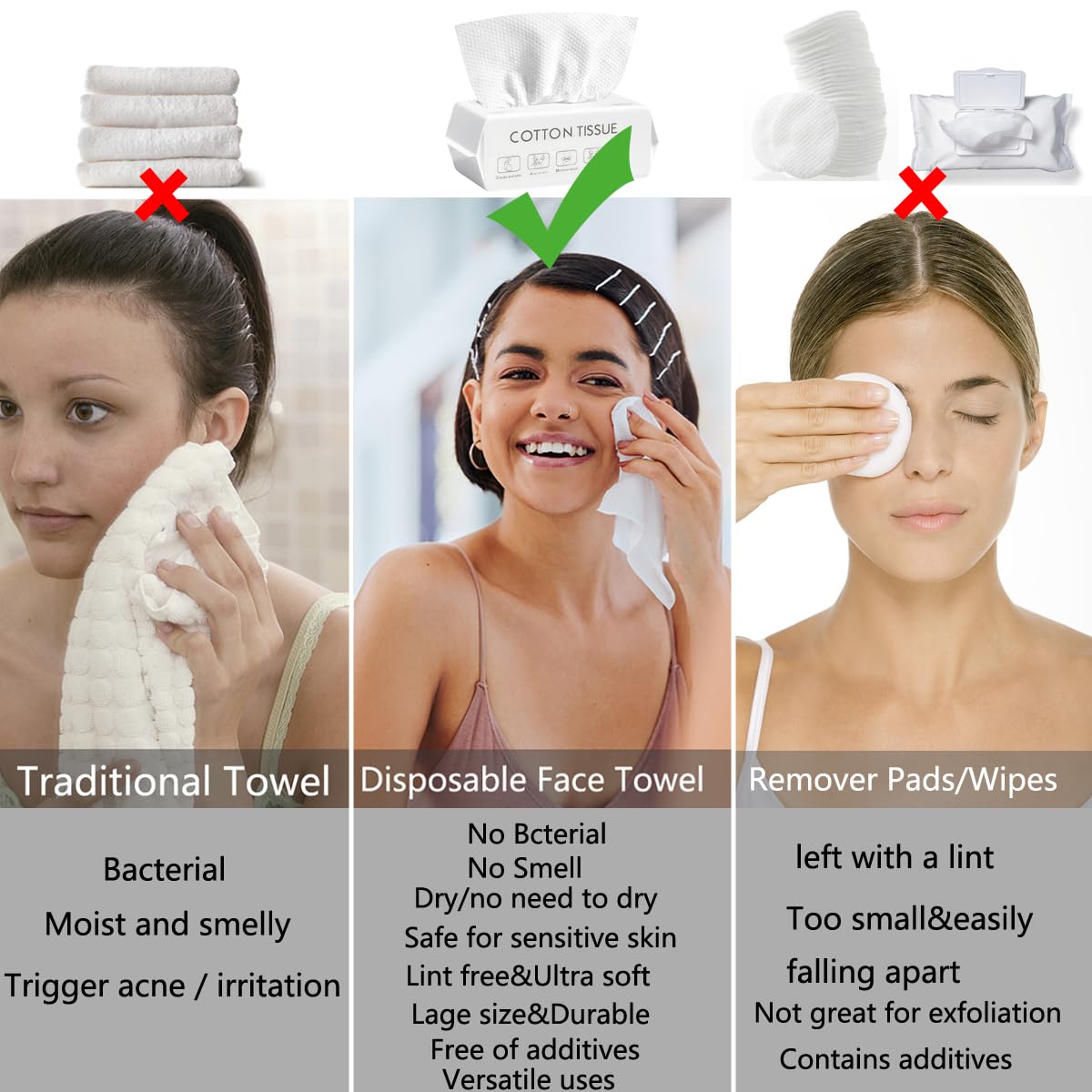 Disposable Face Towel, 100% Plant Cotton Fiber Biodegradable, Dry/Wet Use Facial Clean Washcloth Tissue Makeup Remover Cloth Pads Wipes for Sensitive Skin Cleaning,Travel (420 ct, 6 pack) - Image 2