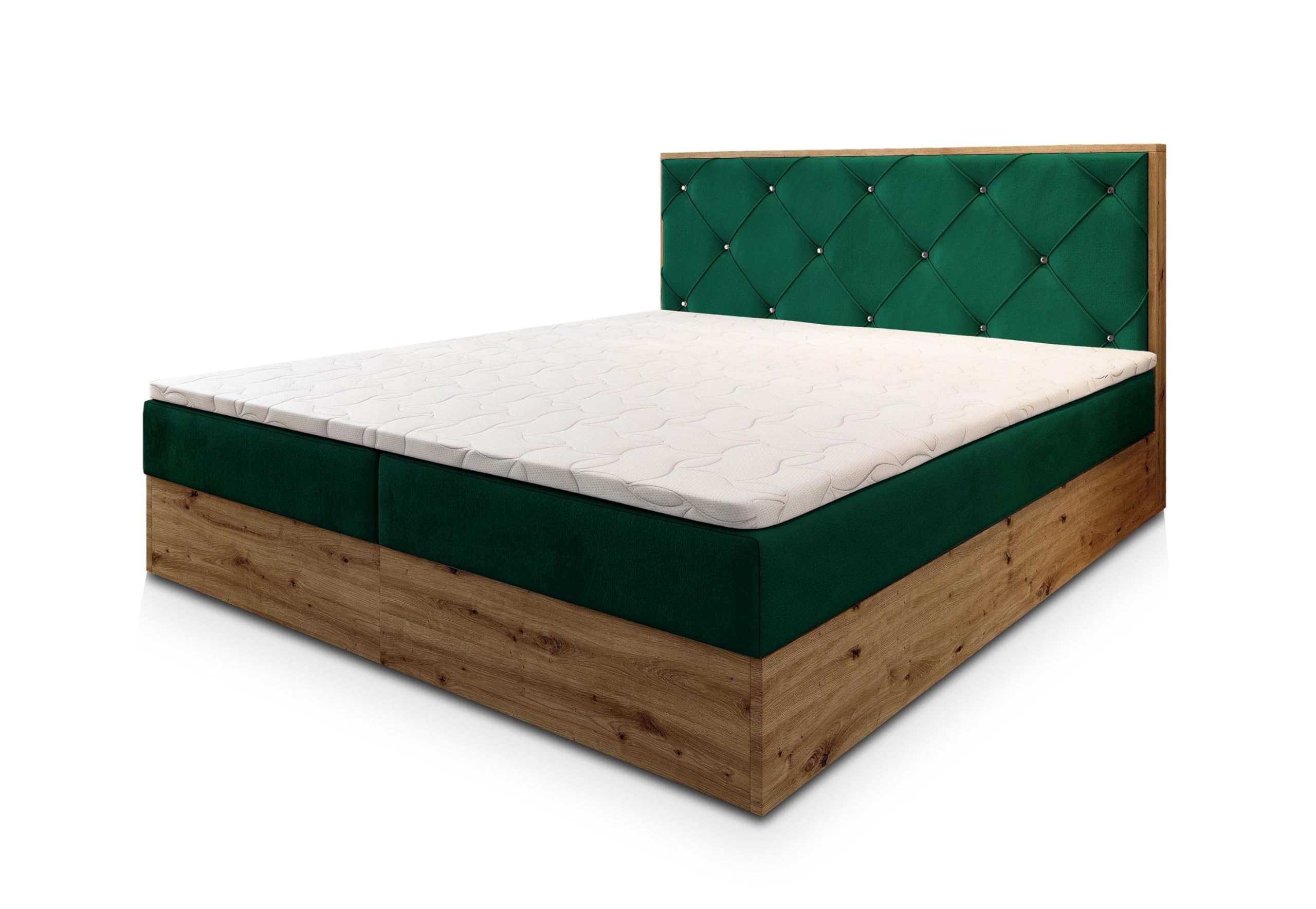 Masseno Boxspringbett FOSCO 140x200 cm Komplett-Set mit Matratze und Topper, Polsterbett mit Zwei Bettkästen -Grün, Kronos 19
