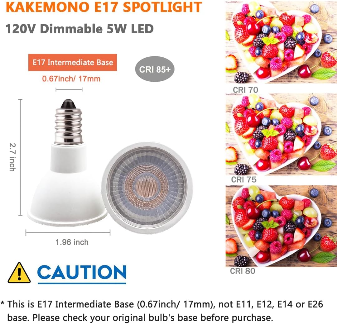 KAKEMONO E17 LED Spotlight Bulb Dimmable 40W Halogen Replacement E17 Intermediate Base Type 5W R14 Reflector Light Bulb for Desk Reading Cabinet Lamp, Daylight White 5000K, 2 Pack