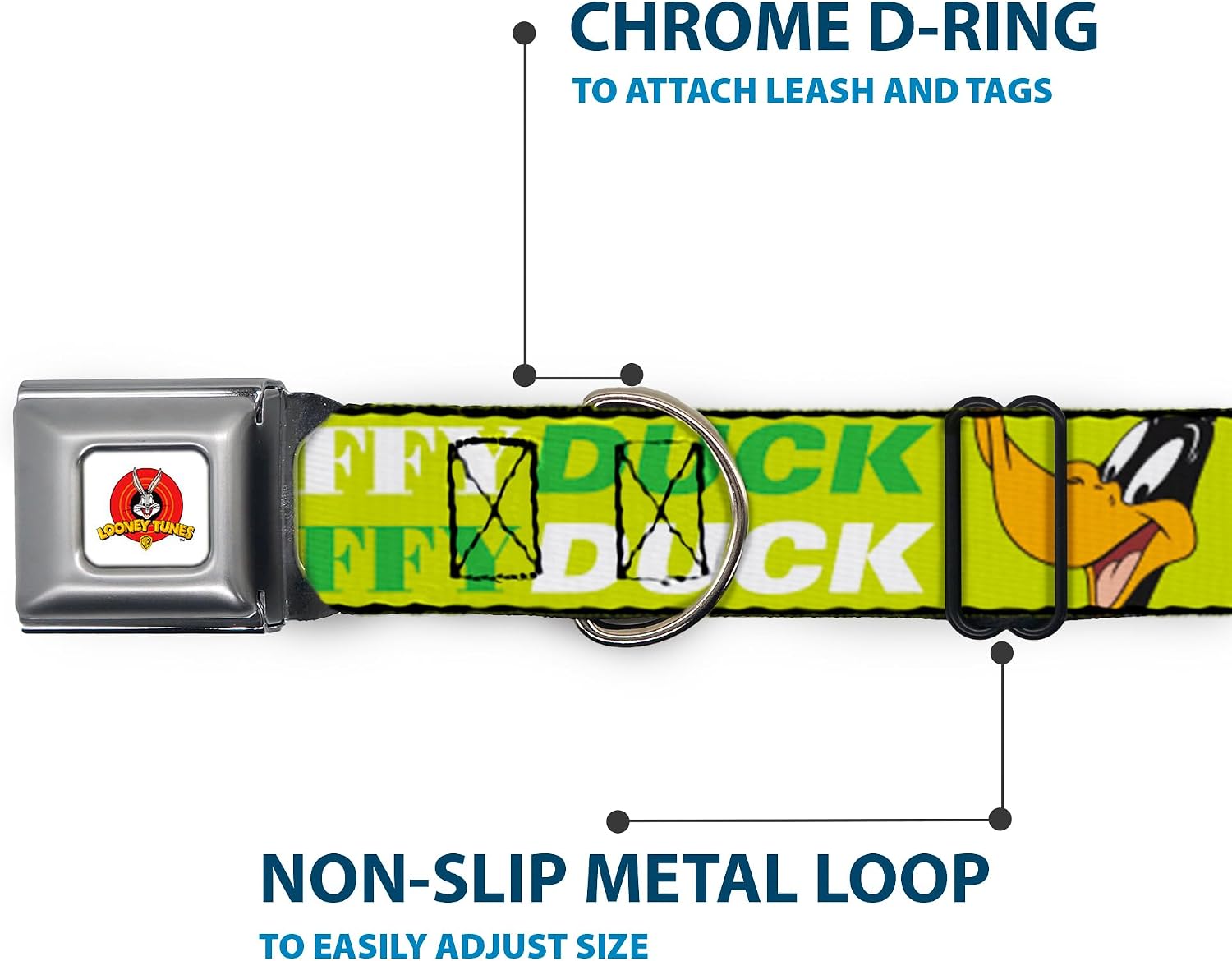 Buckle-Down Seatbelt Buckle Dog Collar - DAFFY DUCK w/Face CLOSE-UP Greens - 1" Wide - Fits 11-17" Neck - Medium