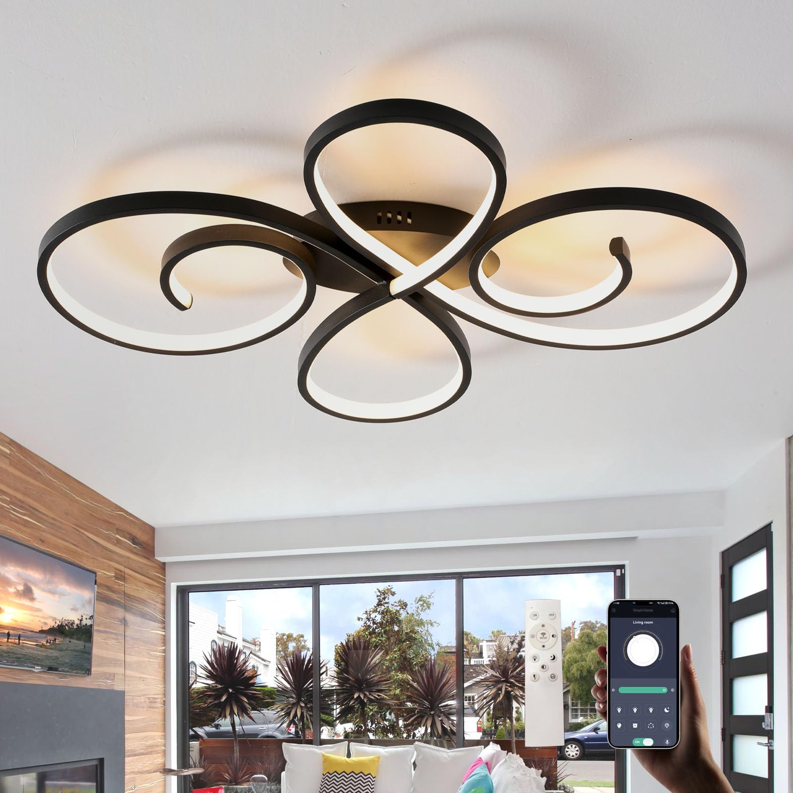 Intelligente Plafoniera Dimmerabile Lampadario,Funzione Di Memoria con Elevata Resa Cromatica Senza Sfarfallio e Luce Notturna Moderno Ceiling Light,per Soggiorno e Camera Da Letto,Nero