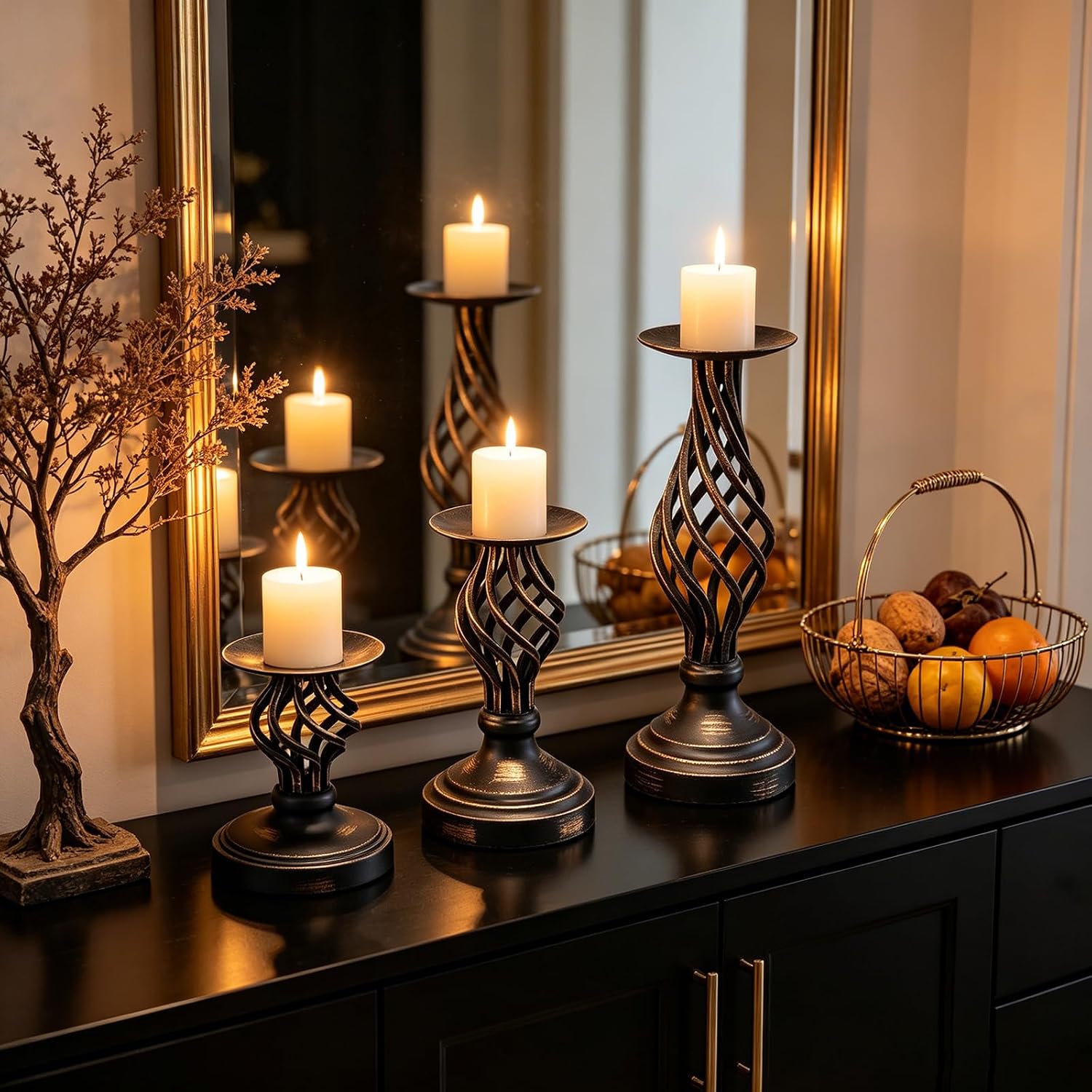 GOESWELL Black Pillar Candle Holder：Vintage Candle Holders Set of 3 for Table Centerpieces Living Room - Metal Openwork Candle Pillar Holder Large for Mantle Farmhouse Wedding - 6"/8.3"/11.2"