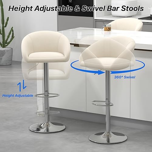Miniatura 4 de KCC Juego de 2 taburetes de bar de terciopelo, taburetes de bar con respaldo bajo, taburete giratorio para isla de cocina, bar pub (Begie)