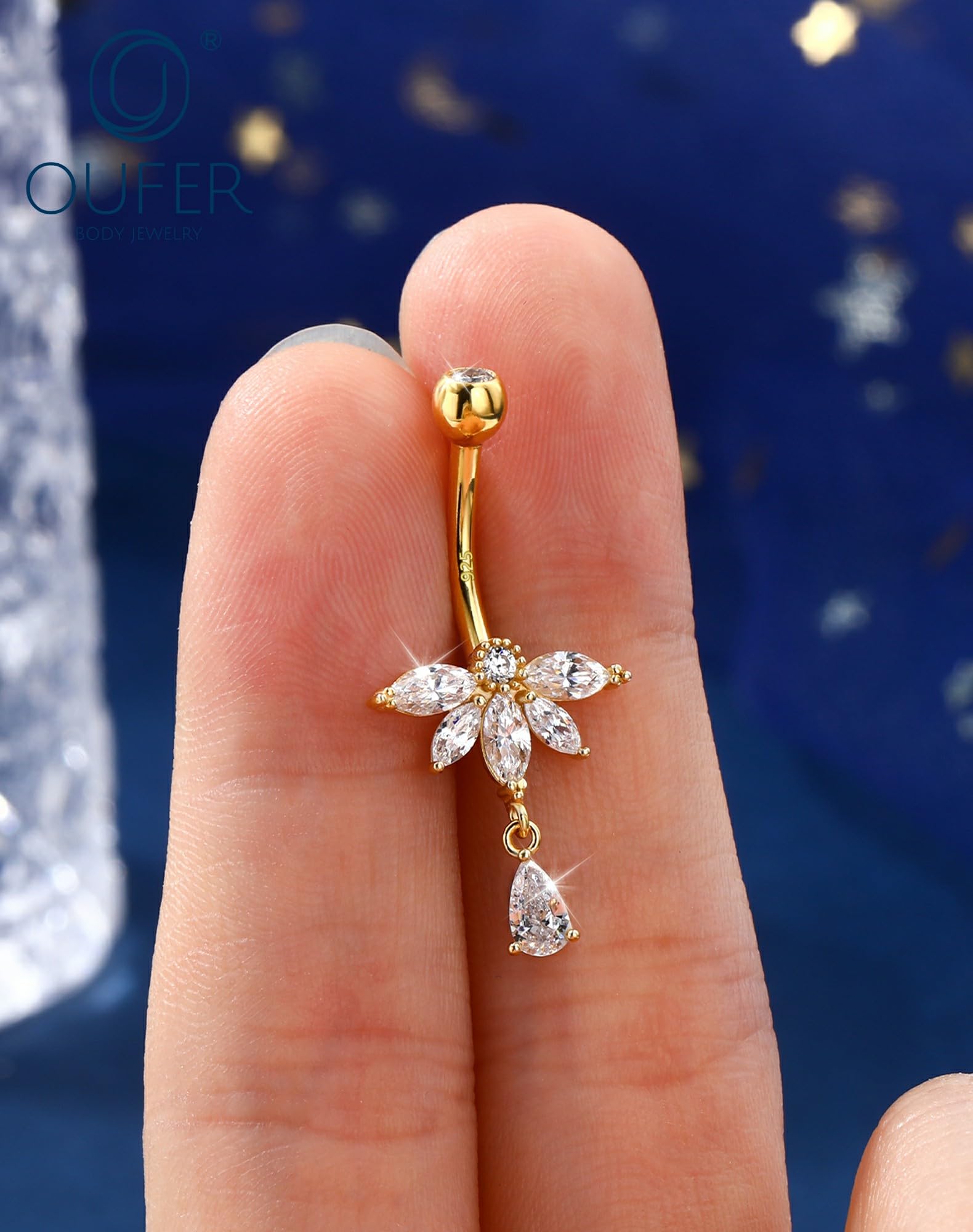 OUFER Lotus Gold - Piercing para ombligo de plata de ley 925, 14 g, con colgante, circonita transparente, 10 mm