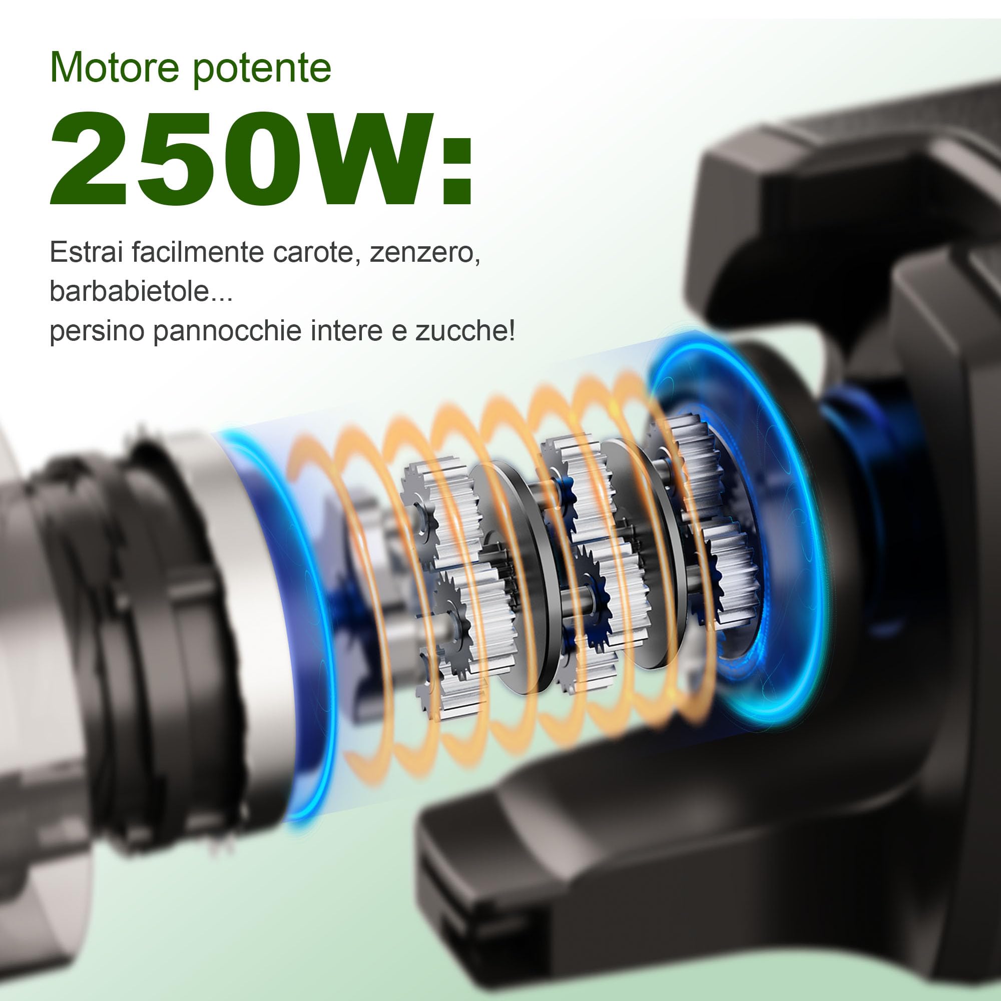 Fretta Estrattore di succo a masticazione lenta 250 W, tecnologia a pressione a freddo per succo ricco di sostanze nutritive, ampio scivolo 135 mm (Argentato)