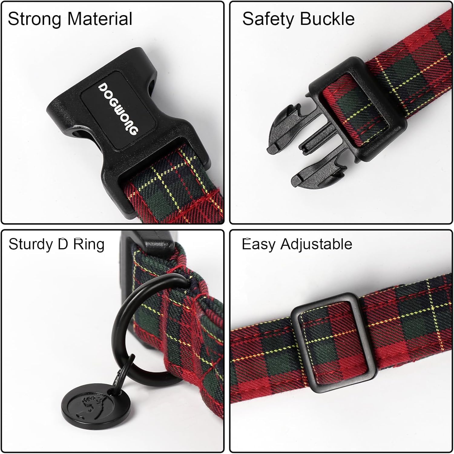 DOGWONG Red Tartan Dog Collar- Red Plaid Dog Collars Adjustable Designer Christmas Dog Collar for Small Medium Large Dogs - Image 3