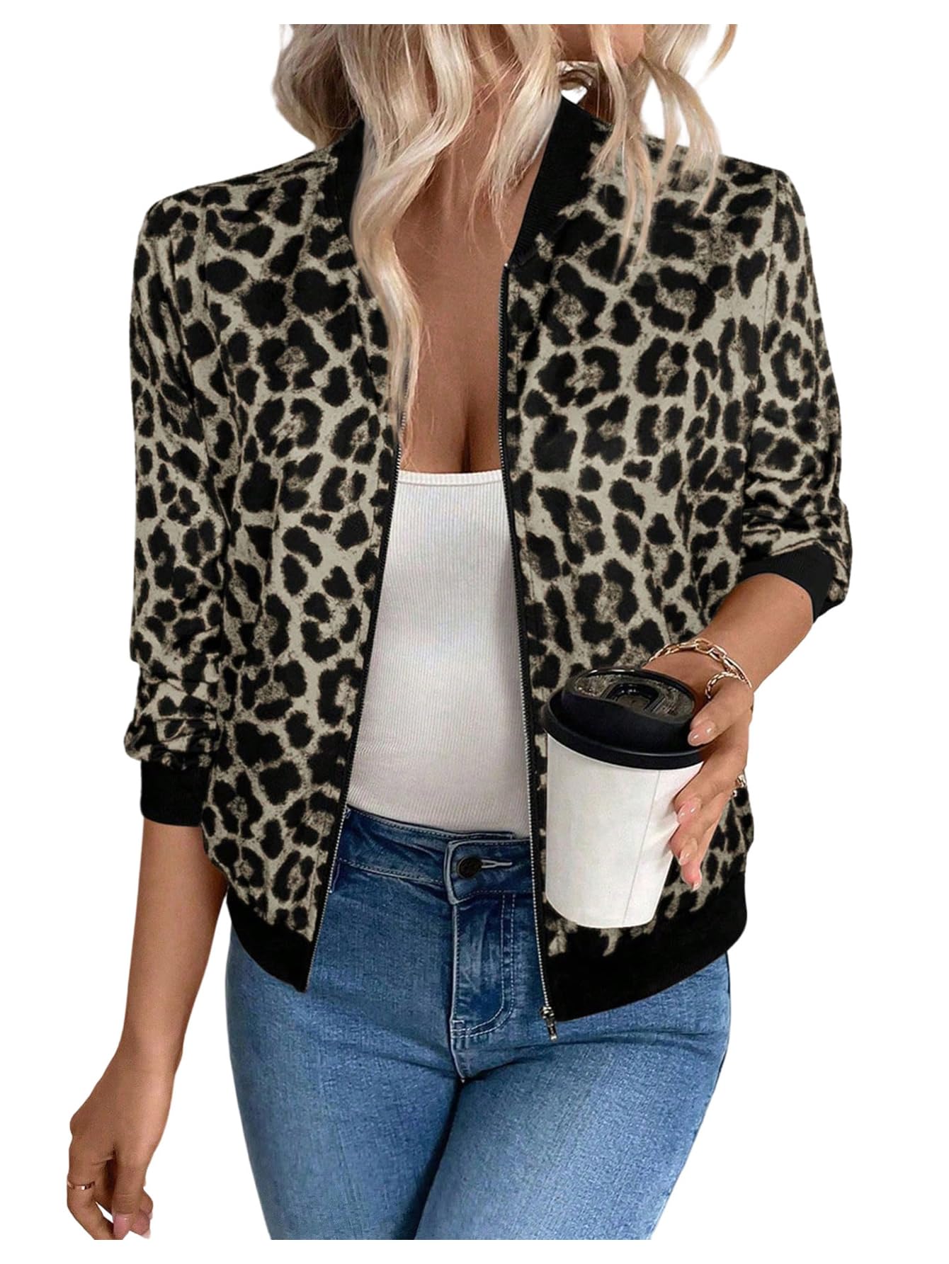 GORGLITTER Womens Cheetah Leopard Print Long Sleeve Blazer Jackets Animal Print Zip Up Bomber Outerwear