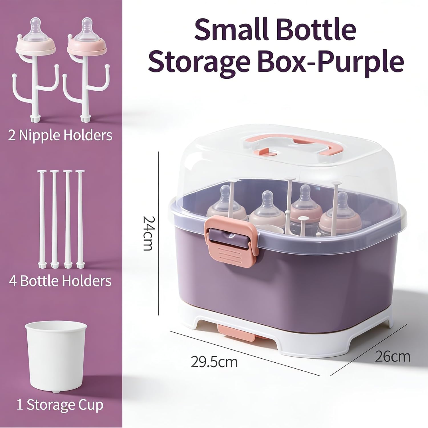Baby Bottle Drain Rack, Feeding Cup Holder, Portable Large Capacity Toddler Bottles Storage Box with Lid Cover, Multifunctional Anti Dust Cutlery Storage Drying Rack for Teats, (Purple)