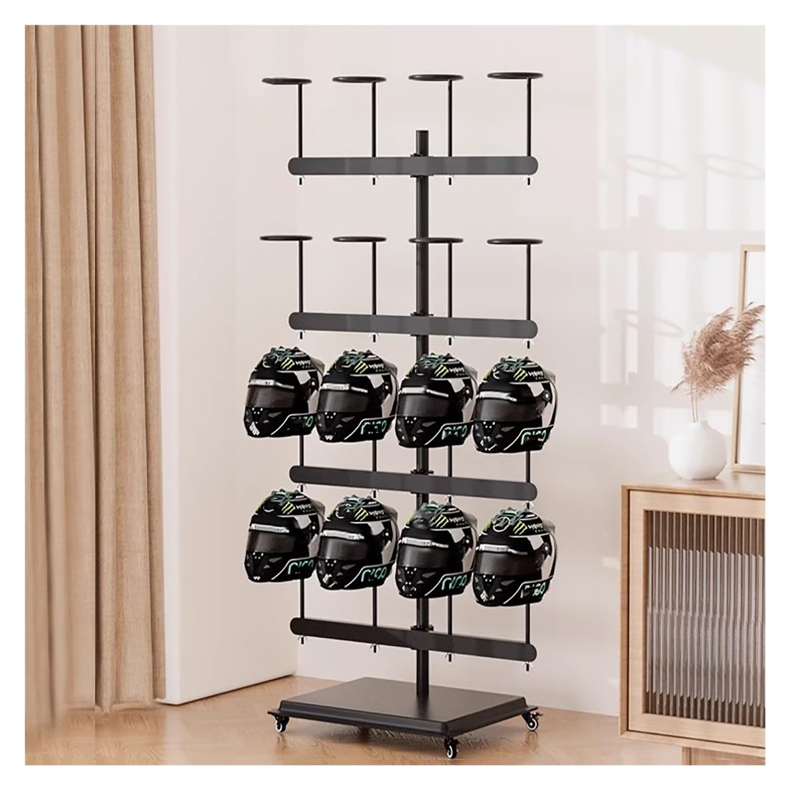 Large Commercial Motorcycle Helmet Rack, Portable Hard Hat Storage Rack with Wheels for Retail Store/Race Track/Racing Circuit/Pantry, Adjustable Height