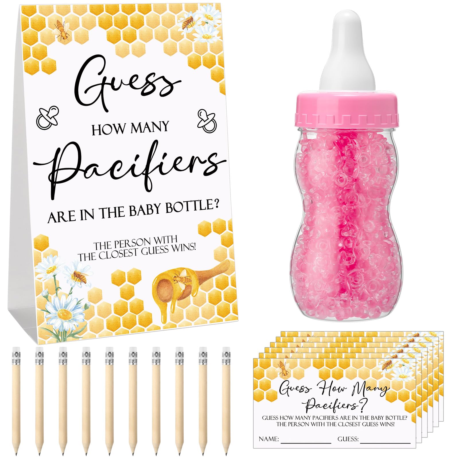 Roowest 512 Pcs Baby Shower Games Guess How Many Pacifiers Sign 100 Small Guessing Games 10 HB Pencils 750ml Milk Bottle 400 Acrylic Pacifiers