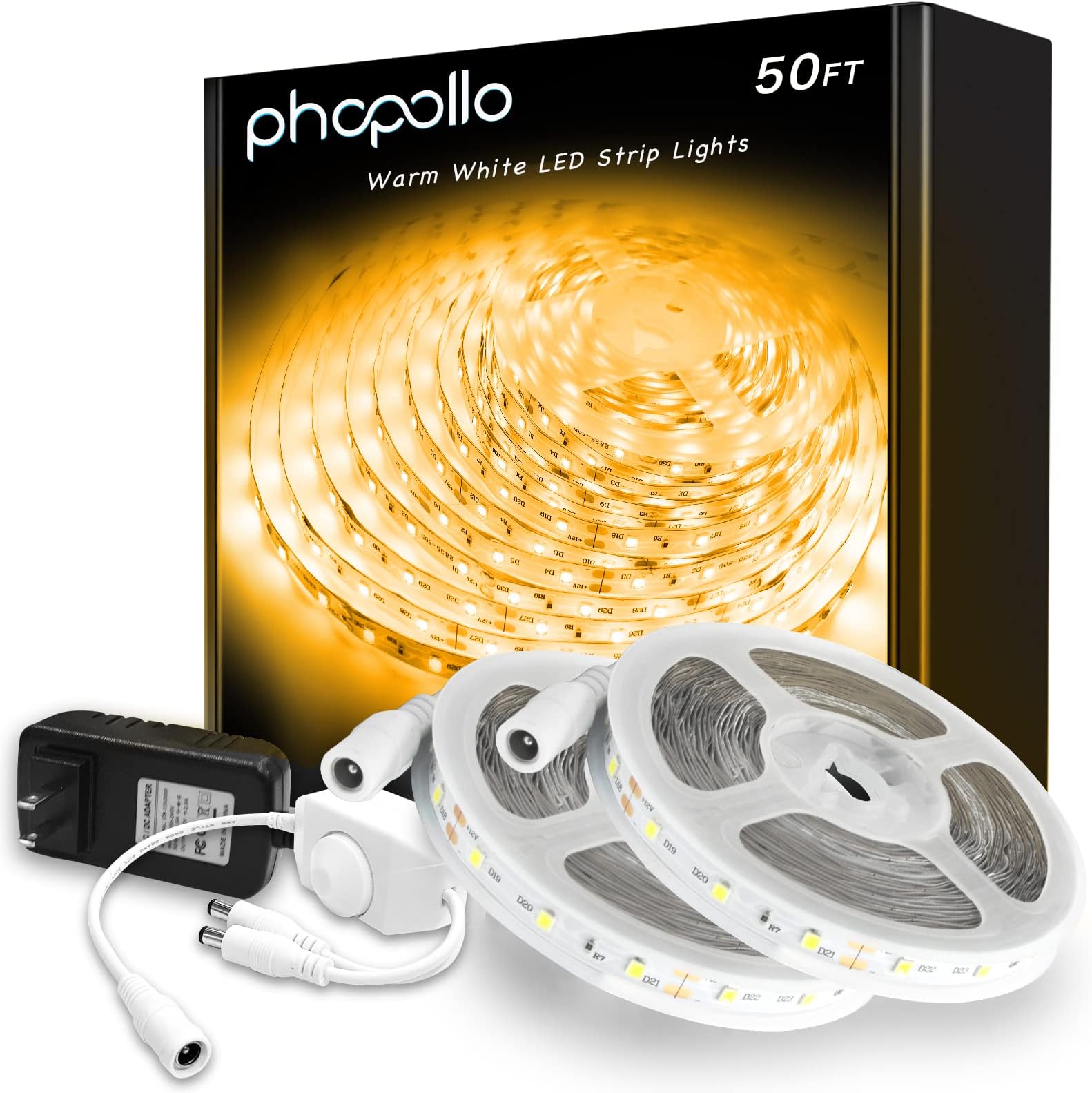 phopollo Warm White LED Strip Lights, 50ft Dimmable 3000k Warm White Led Light Strip, 900 LEDs Flexible Led Lights for Bedroom, Mirror, Kitchen Decoration