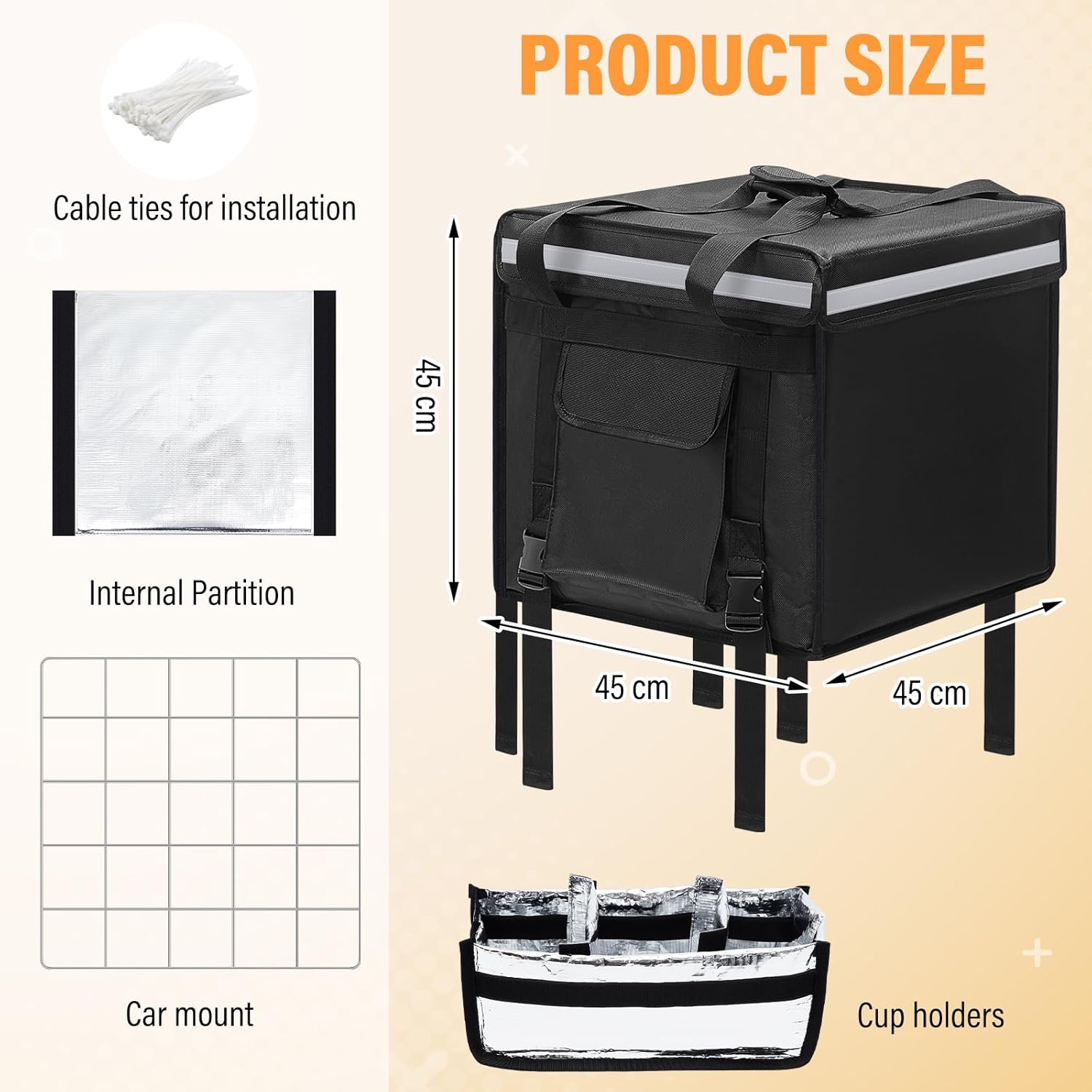 Huge Heat Insulation Food Delivery Bag for Motorcycle, Big Pizza Delivery Bags for Bicycle/scooter, 2 Layers, Rigid Frame (Top Loading,18 x 18 x 18 Inches)