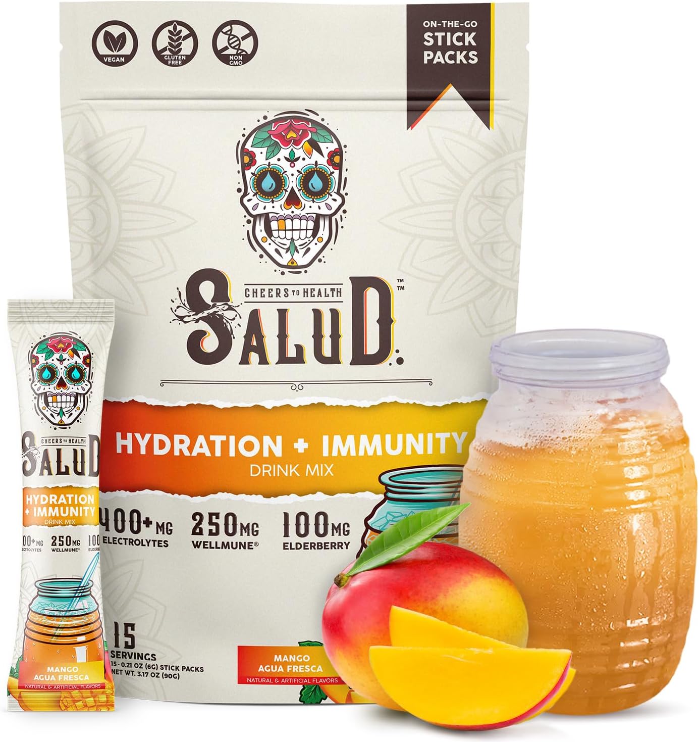 Salud 2-in-1 Hydration Packets + Immunity Electrolytes Powder, Mango – Agua Fresca Drink Mix, Elderberry, Dairy & Soy Free, Non-GMO, Gluten Free, Vegan, Low Calorie, 1g Sugar (15 Servings)