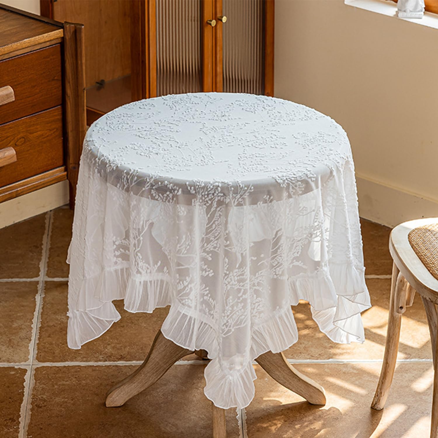 FOELANNE Embroidered Lace Tablecloth, Square Lace Tablecloth, Embroidered Floral, Ruffle Edge, Multiple Sizes(Style1,140x140cm)