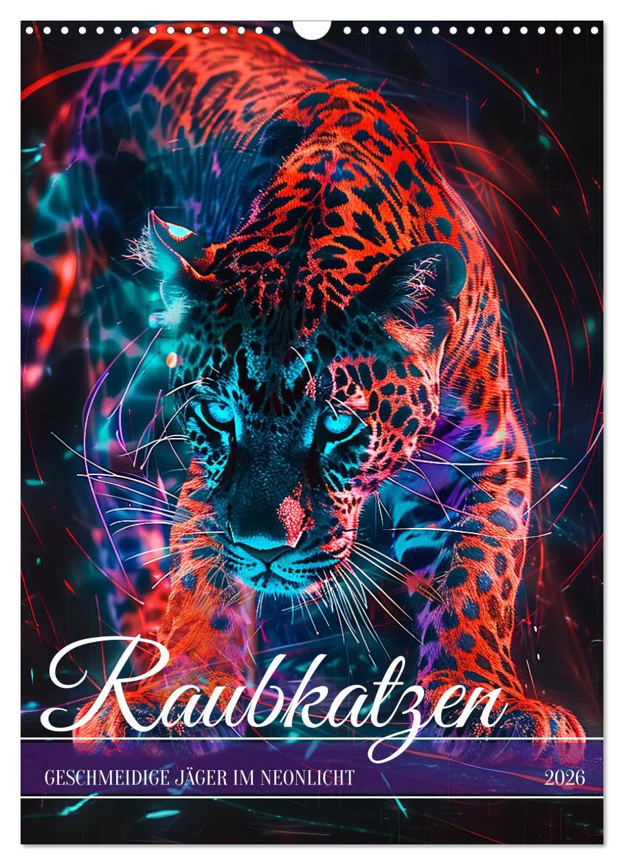 Cats of prey - sleek hunters in neon light UK-Version (Wall Calendar 2026 DIN A3 Portrait), CALVENDO 12 Month Wall Calendar — image 1