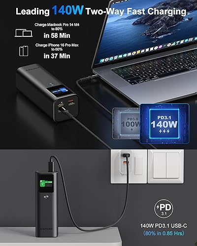 Miniatura 3 de AsperX Banco de energía para portátil, 27,600 mAh, 162.5 W, de aluminio, Unibody PD3.1, cargador portátil de carga rápida, banco de batería de 99 Wh
