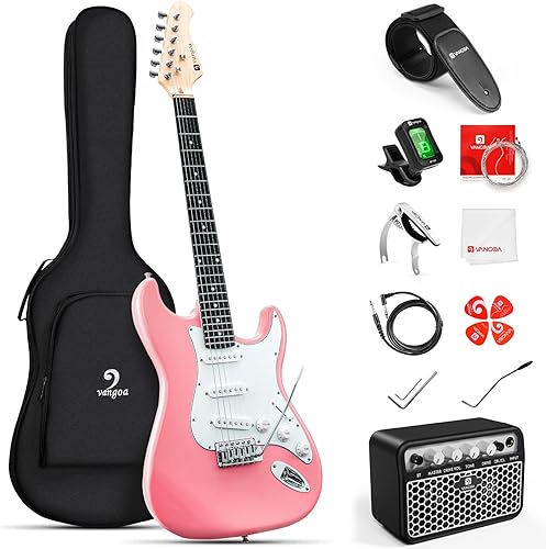Vangoa Guitarra eléctrica, 39 pulgadas, tamaño completo, color rosa, guitarra eléctrica, kit de iniciación para principiantes, paquete de cuerpo