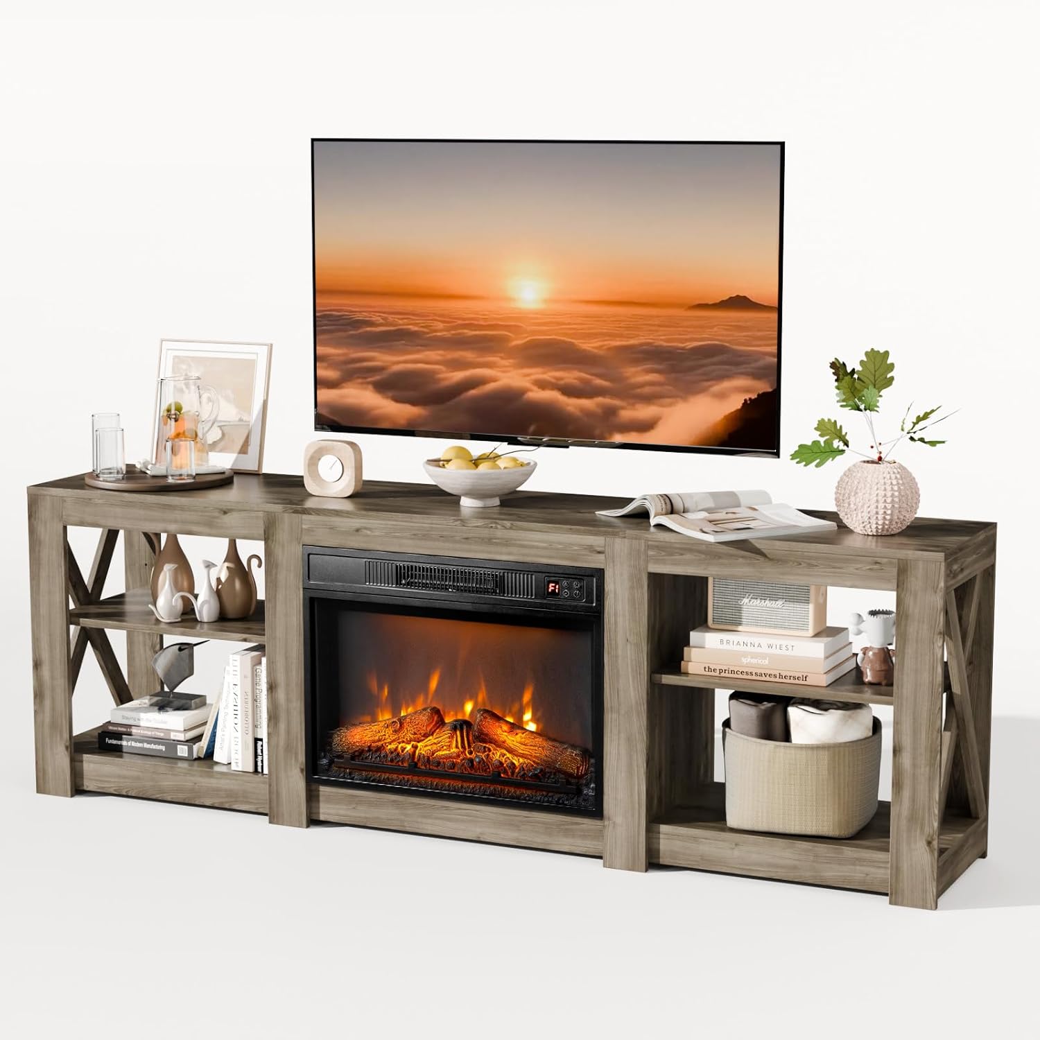 VINGLI Fireplace TV Stand for up to 80 inch TVs, Farmhouse Entertainment Center with Electric Fireplace Heater & Adjustable Shelves, Fireplace Media Console Table for Living Room, Gray Oak