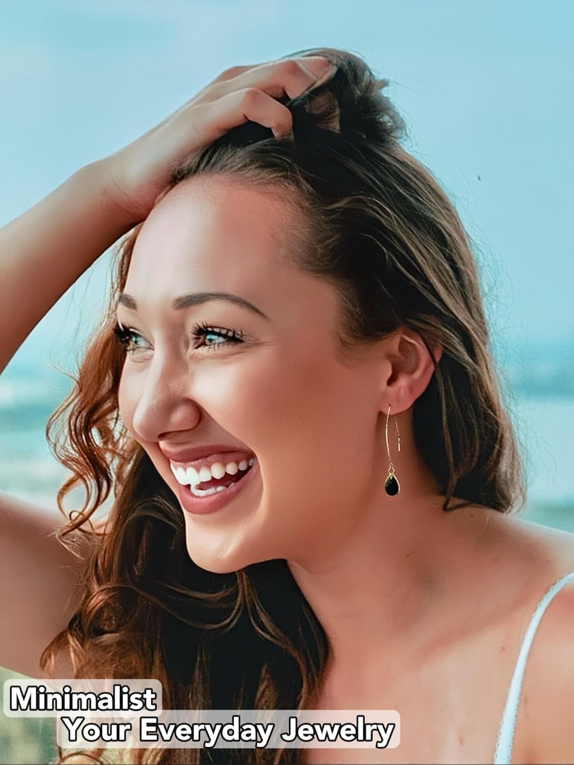 Natural Gemstone Pull Through Earrings 18K Gold Plate Birthstone Jewelry, Healing Stones, Small Dainty Teardrop Drop Dangle Earrings for Women Girls Gift - Image 5